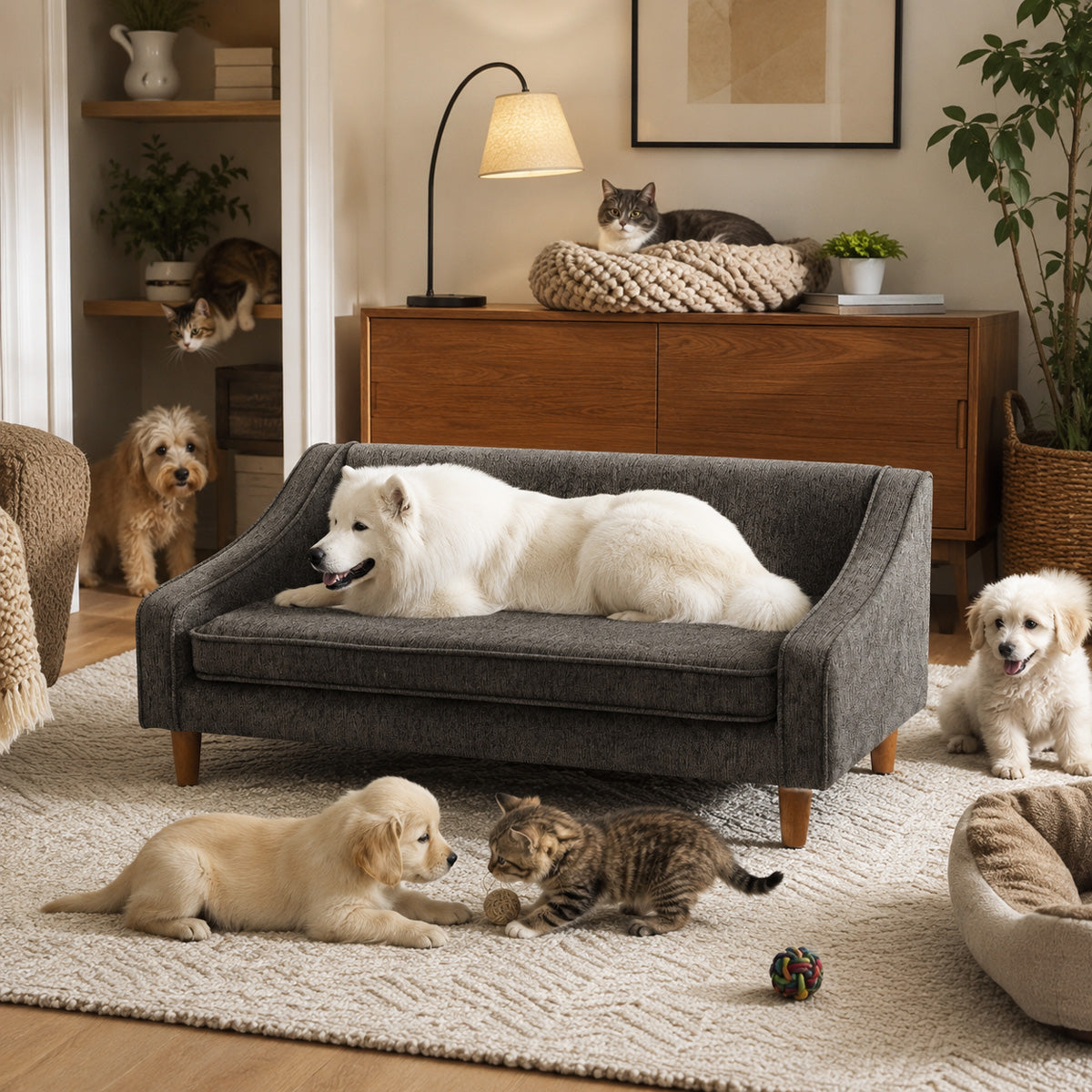 Modern Elevated Dog Sofa, a dog sleeping sofa built for medium and large dogs