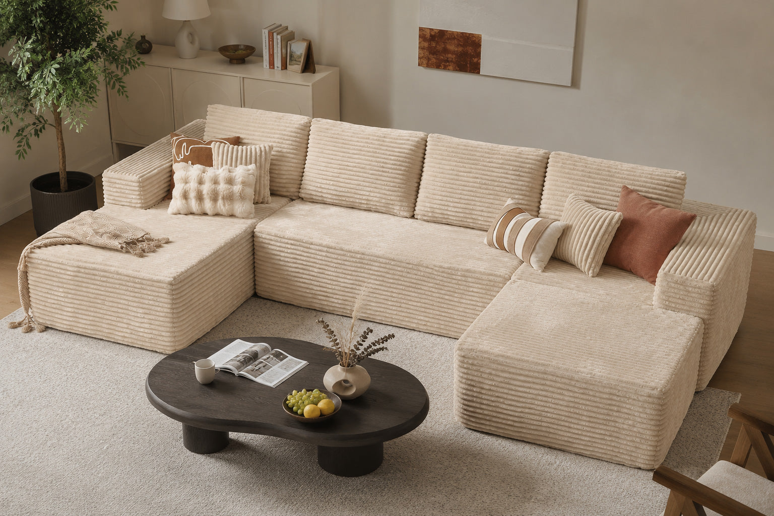 U-Shaped Cloud compressed couch, modular corduroy sectional with deep seats and removable covers