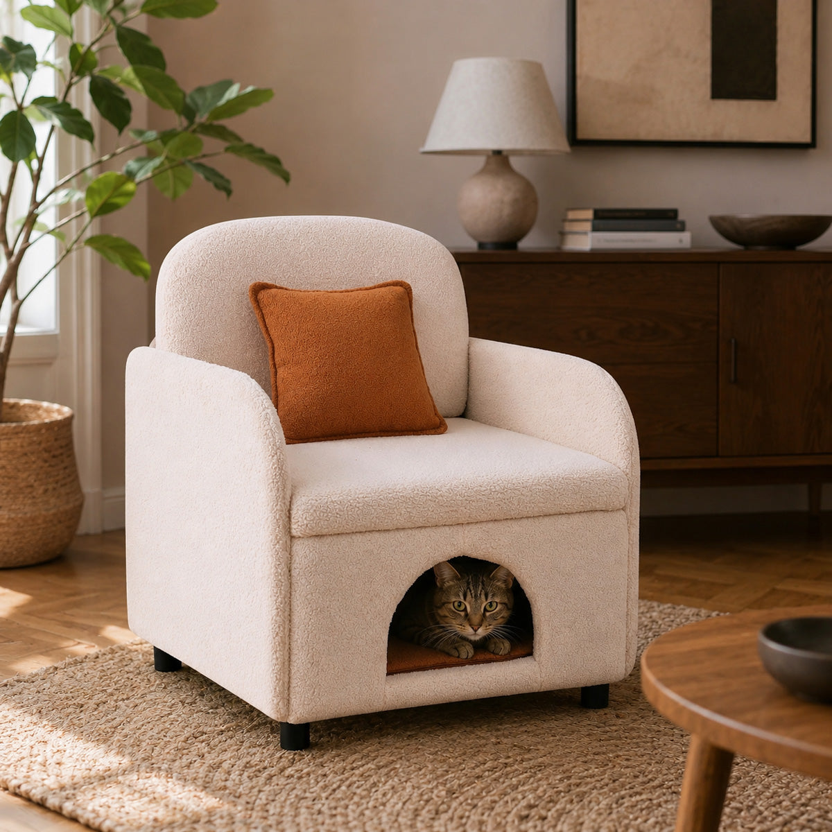 2-in-1 Pet-Friendly Accent Armchair with Hidden Cat House & Storage — Cream Sherpa  (US Stock | Ship Immediately )