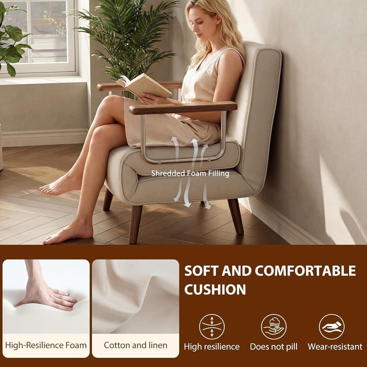 High-resilience foam cushion of the convertible sleeper chair