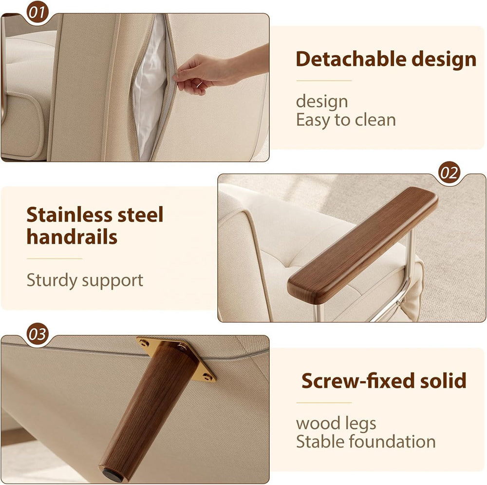 Build details: wood arms, steel rails, washable cover, wood legs