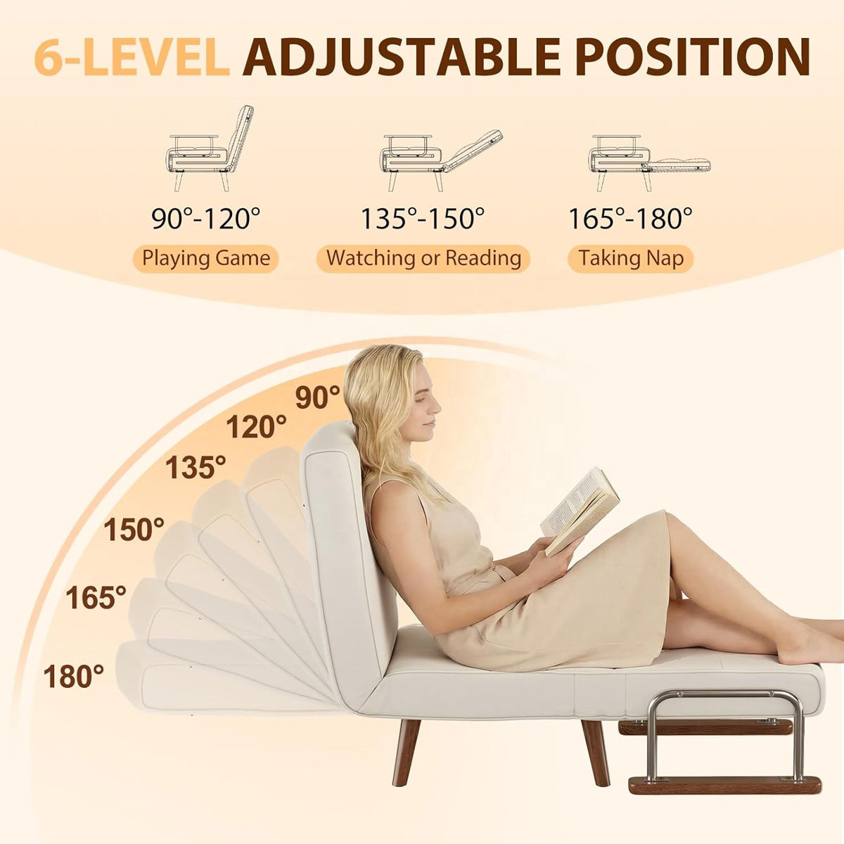 Six adjustable recline positions of the sleeper chair backrest