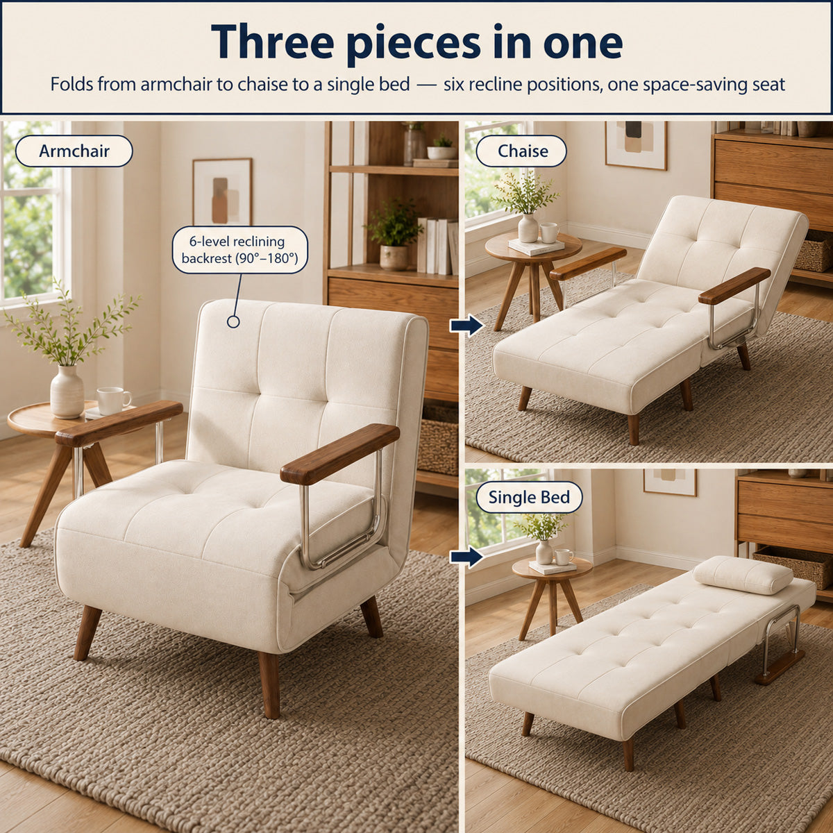 The three modes of a convertible sleeper chair: armchair, chaise, single bed