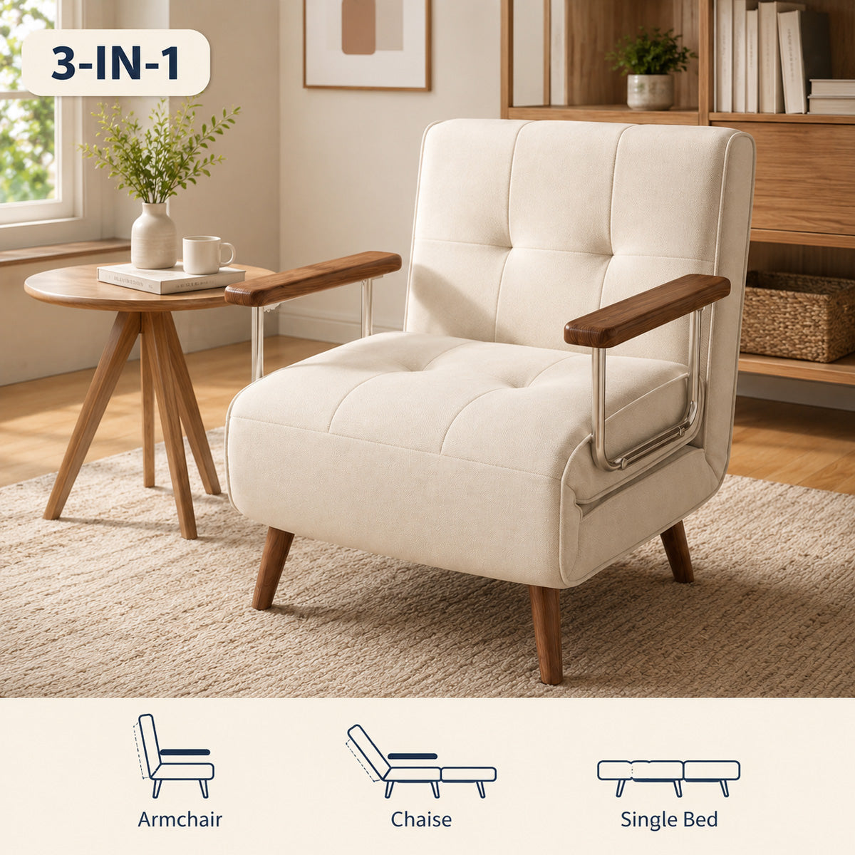 3-in-1 Convertible Sleeper Chair — Armchair, Chaise & Single Bed in One | Cream (US Stock | Ship Immediately )