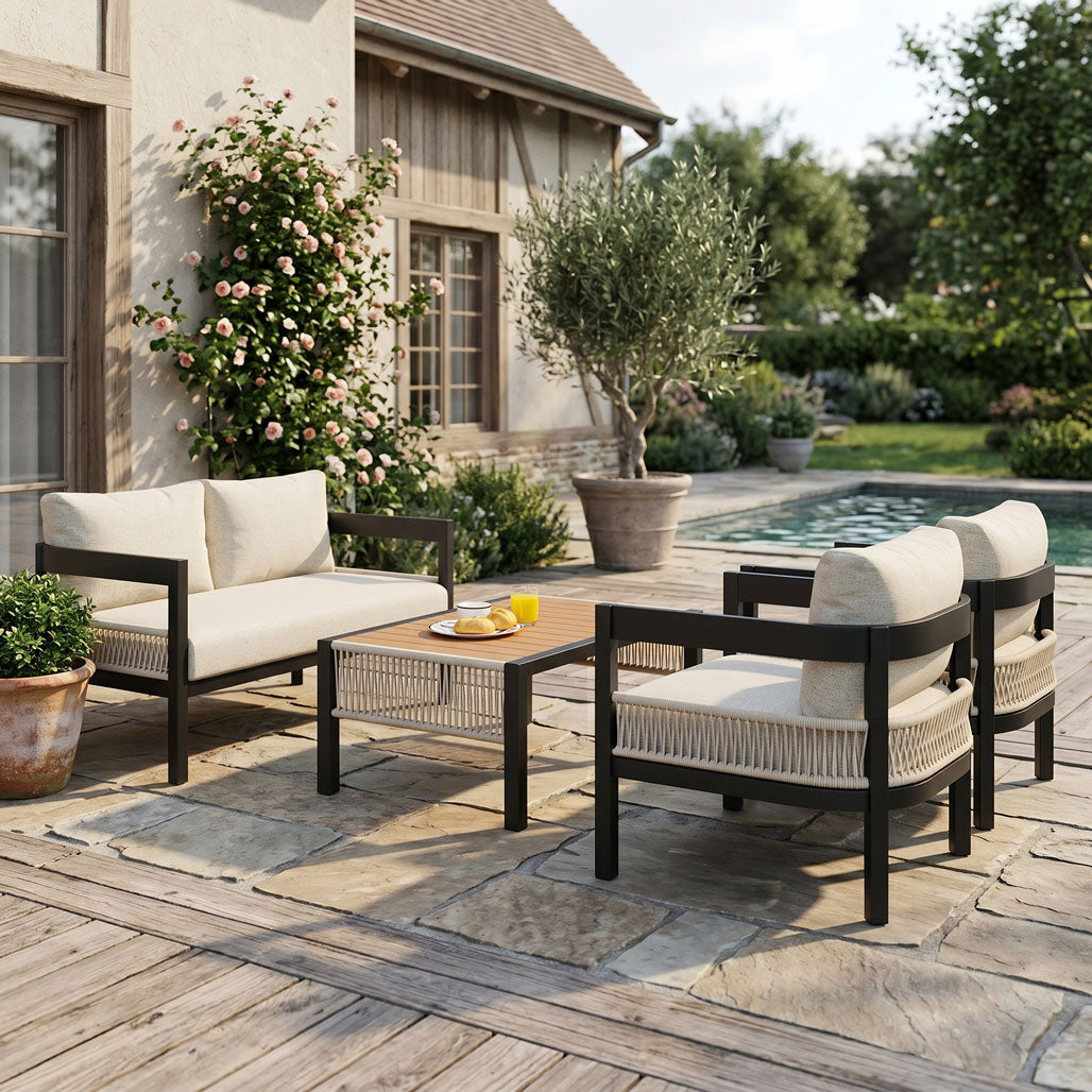 4-Piece Outdoor Patio Conversation Set — Cushioned Loveseat, 2 Armchairs & Wood-Look Coffee Table (US Stock | Ship Immediately )