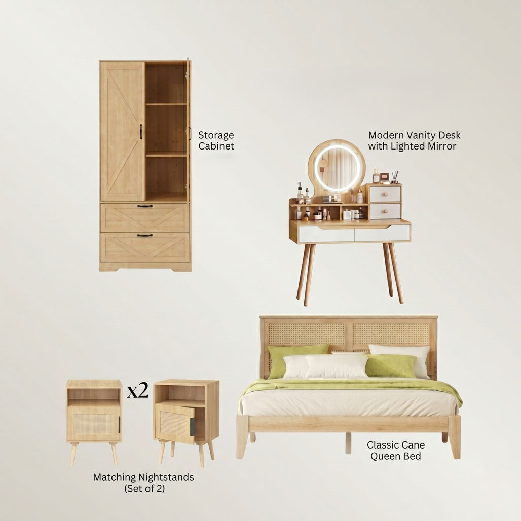 5-Piece Natural Rattan Bedroom Set — Queen Bed, 2 Nightstands, LED Vanity & Storage Cabinet  (US Stock | Ship Immediately )