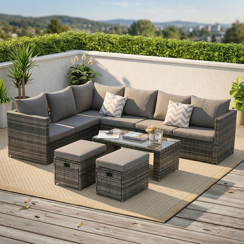 Couchery 6-piece all-weather gray wicker outdoor sectional with glass table and storage ottomans on a patio