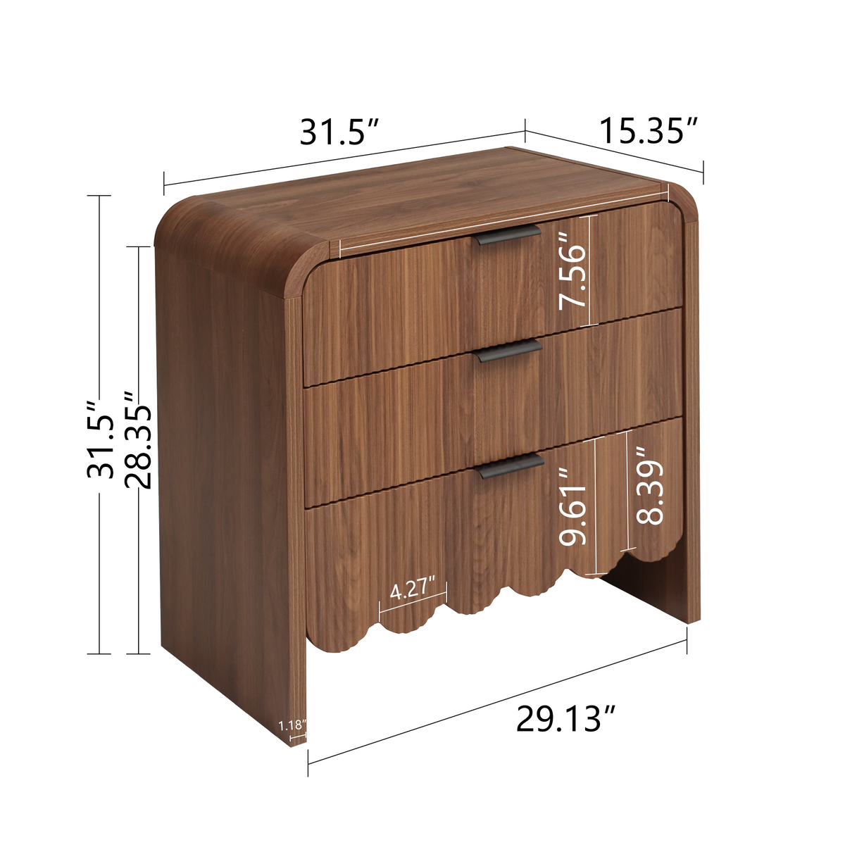 Nightstand dimensions: 31.5 in wide, 15.35 in deep, 31.5 in high
