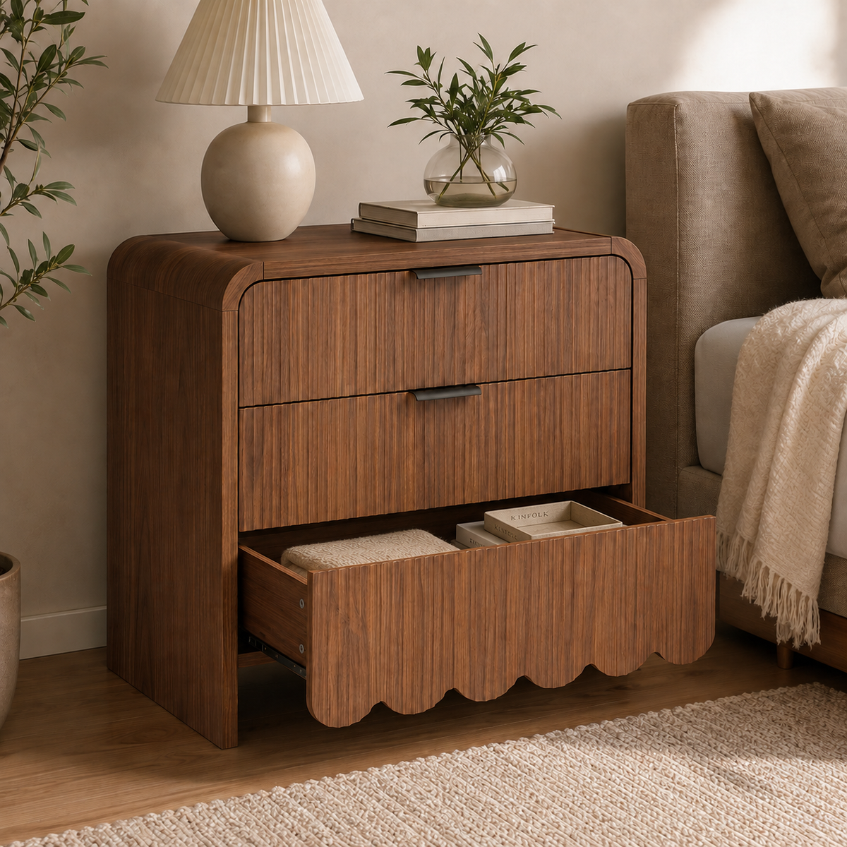 Nightstand bottom drawer open showing storage
