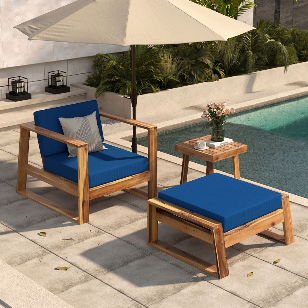 Acacia Wood Outdoor Chaise Lounge Set — Armchair, Ottoman & Side Table with Removable Cushions (US Stock | Ship Immediately )