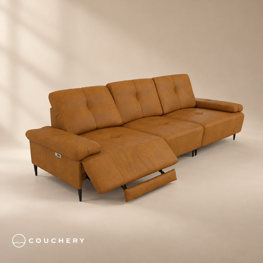 Cascade Modular Recliner Couch — caramel leather with one recliner open