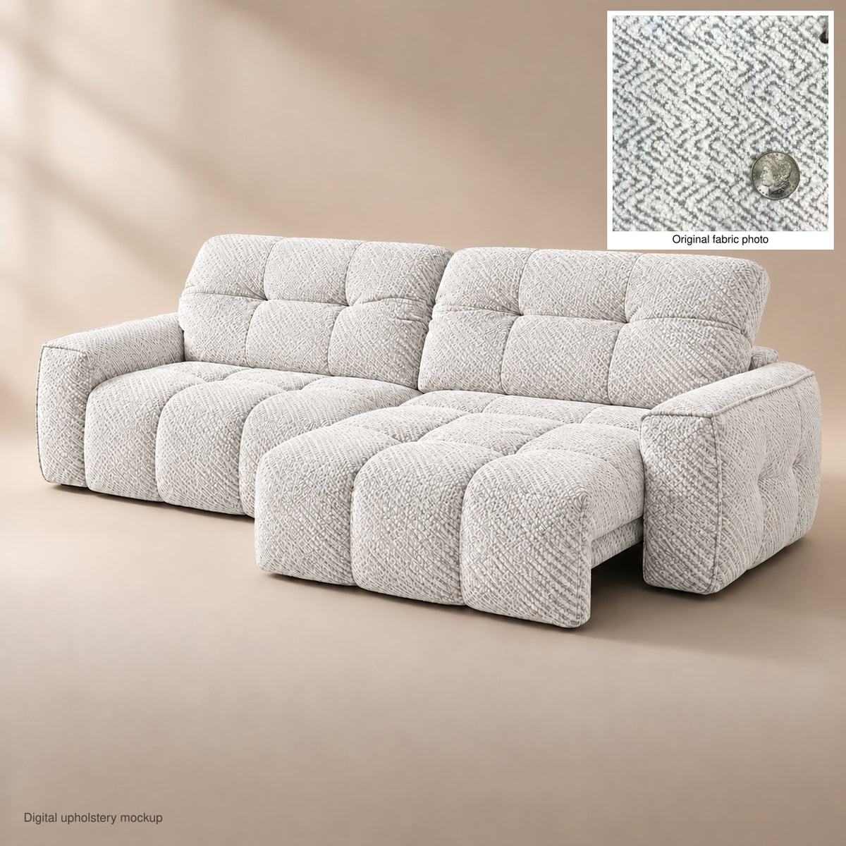 CloudNest colour preview — Premium Natural Plant Fabric Pearl Frost Weave PN10 — digital upholstery mockup with original uploaded fabric photo