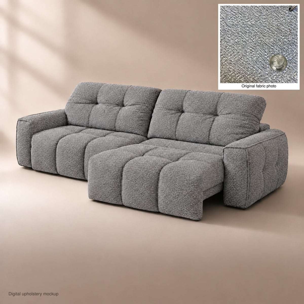 CloudNest colour preview — Premium Natural Plant Fabric Silver Ash Weave PN09 — digital upholstery mockup with original uploaded fabric photo