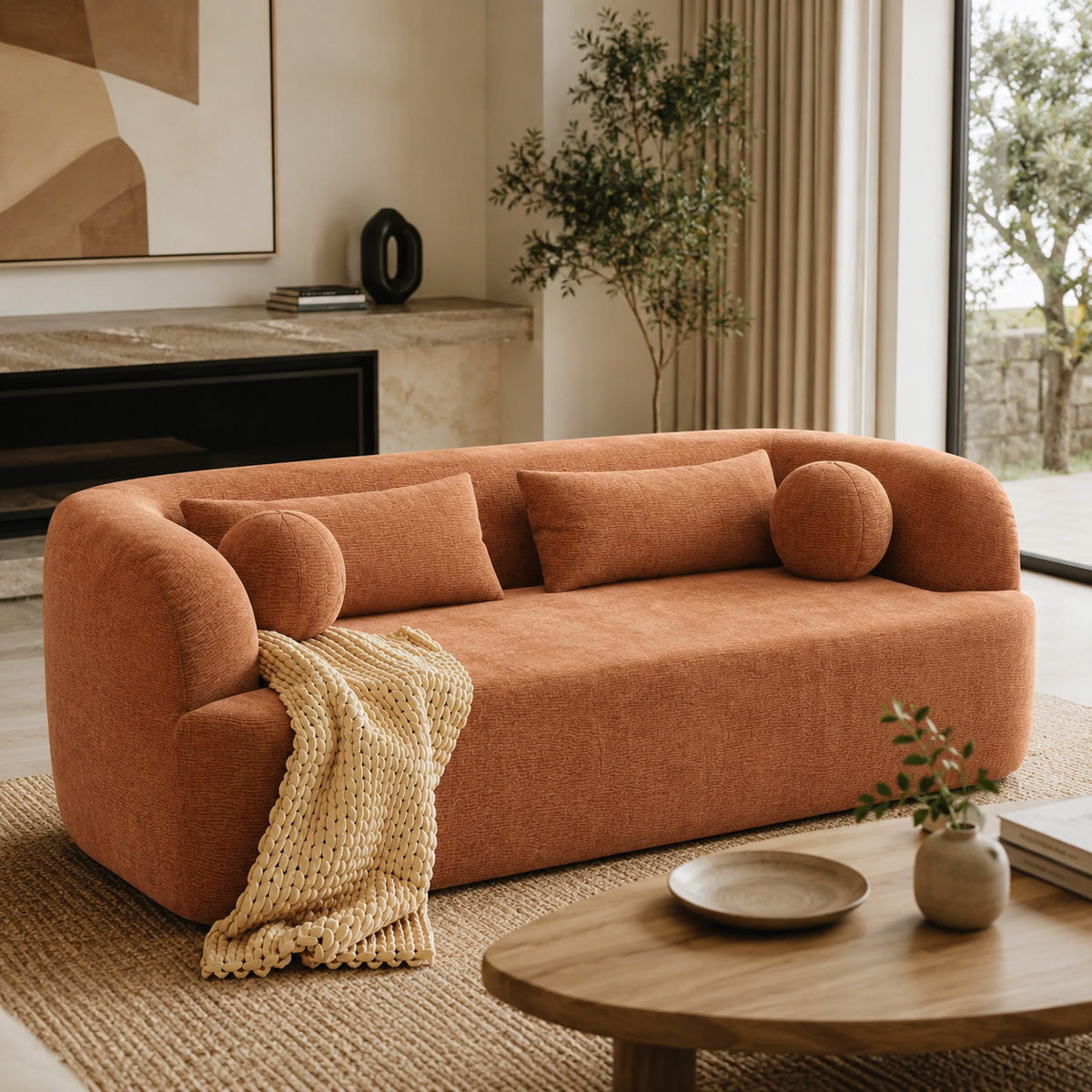 Curved Cloud 3-Seater Compressed Sofa — Soft Terracotta Chenille Couch with Rolled Arms (86
