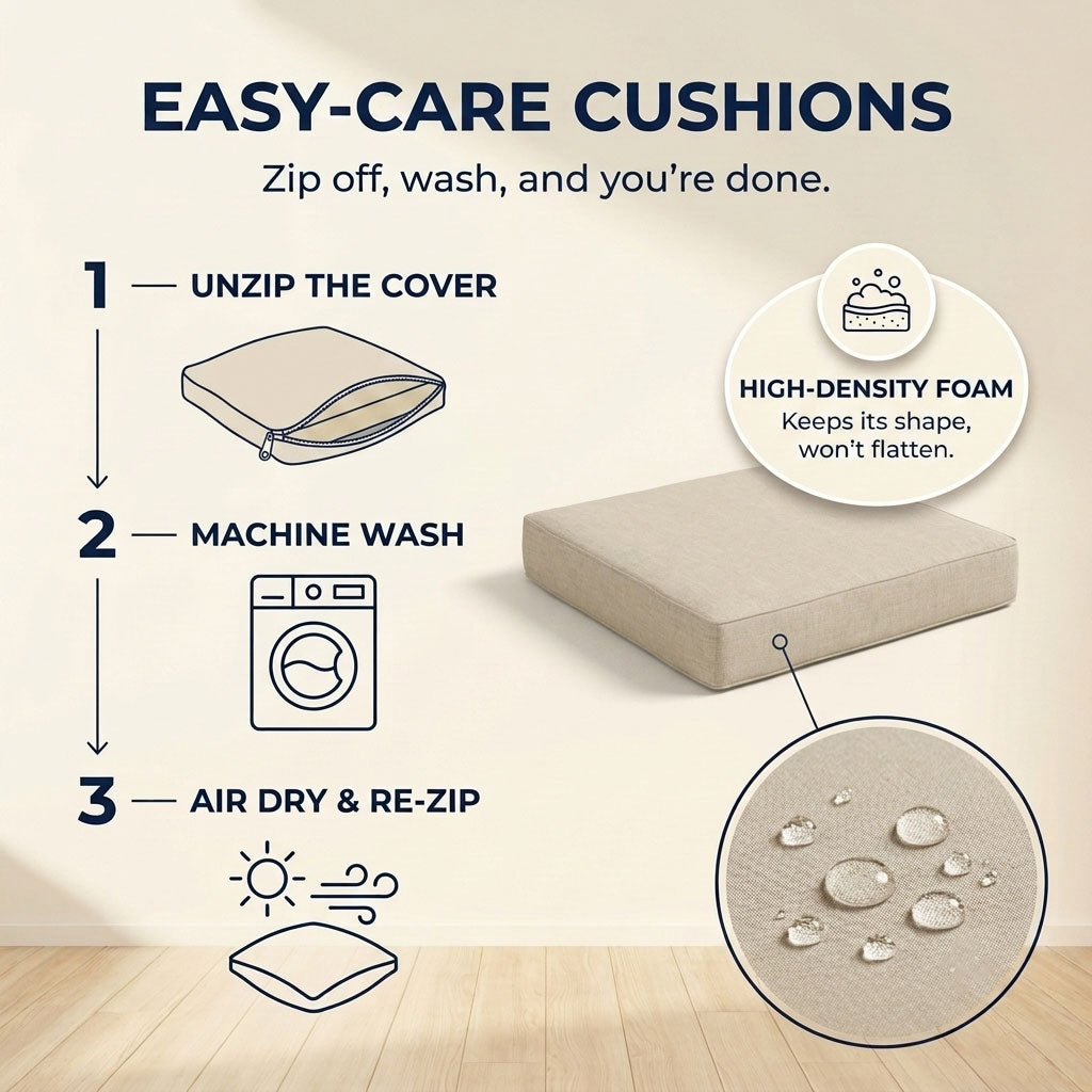 Easy-care outdoor cushions with zip-off machine-washable covers