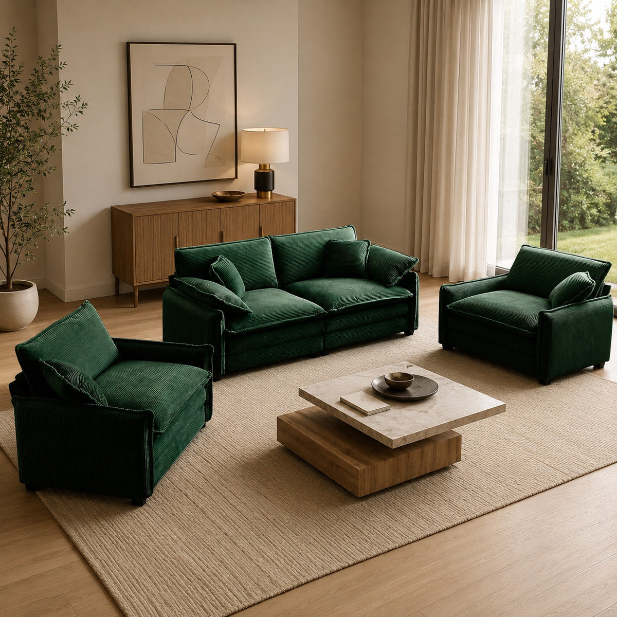 Emerald corduroy living room set with sofa and two matching armchairs