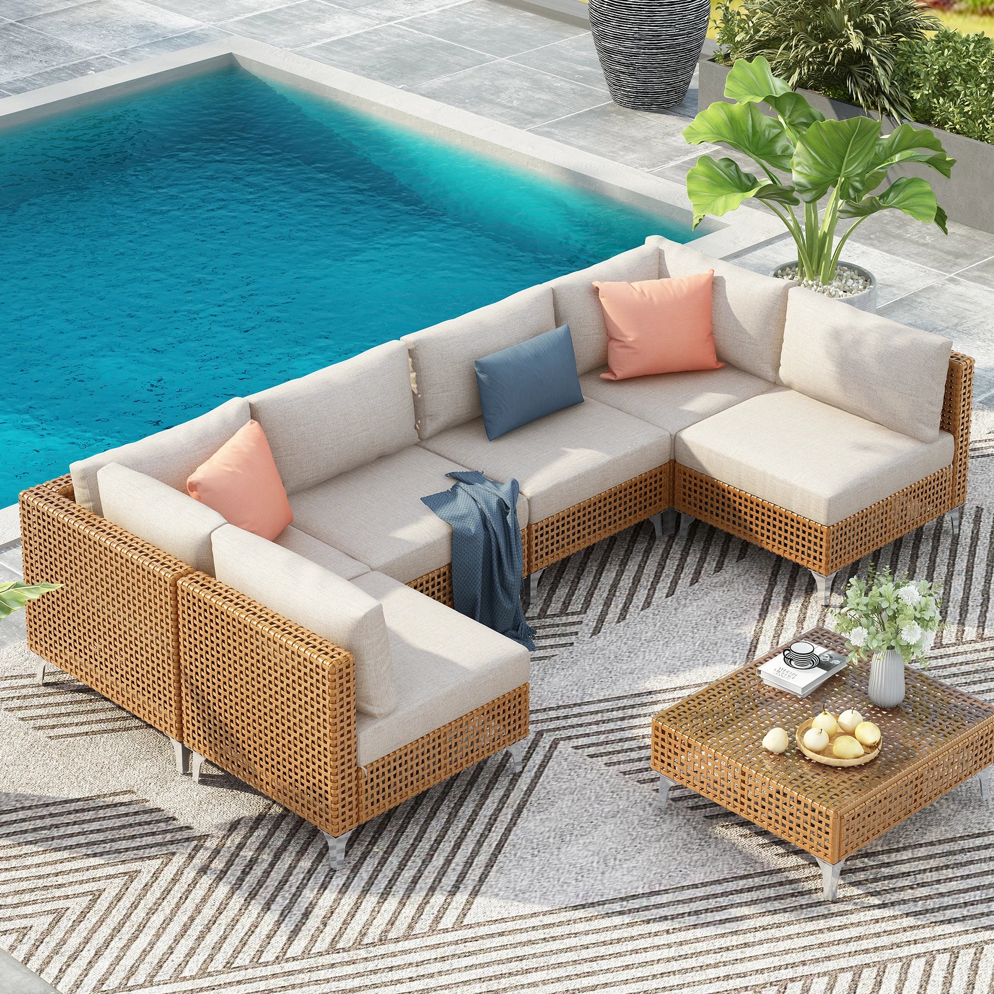 7-Piece Outdoor Wicker Sectional Sofa Set — All-Weather Beige Patio Furniture with Coffee Table