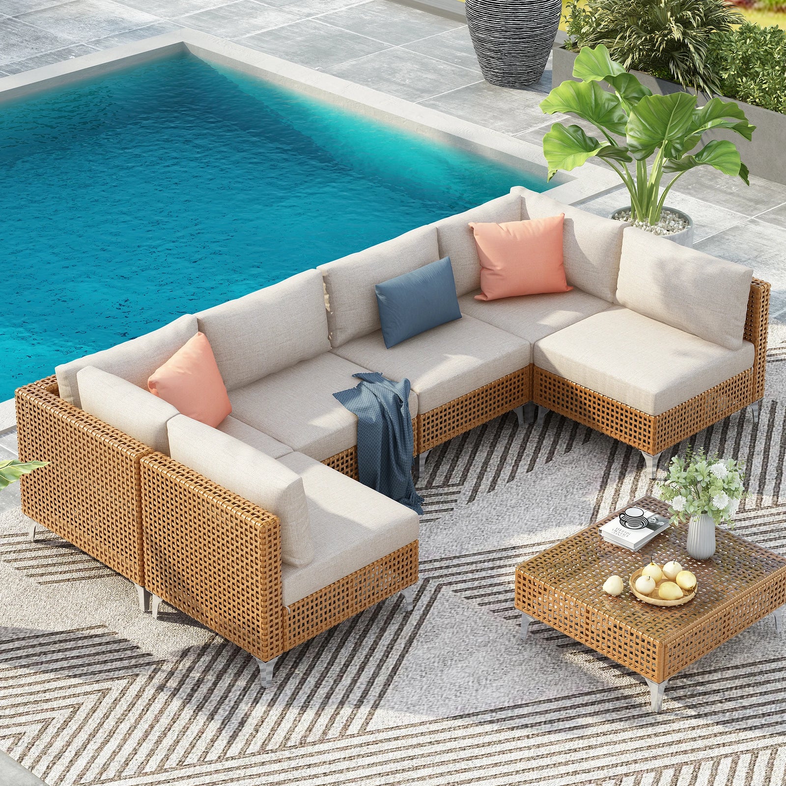 7-Piece beige all-weather wicker outdoor sectional with coffee table