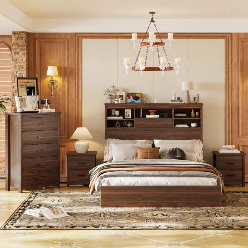 4-Piece Walnut Queen Bedroom Set with Charging-Station Bookcase Headboard — Bed, 5-Drawer Chest & 2 Nightstands  (US Stock | Ship Immediately )