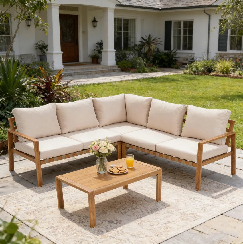 4-Piece L-shaped outdoor sectional with wood-grain aluminum frame and coffee table