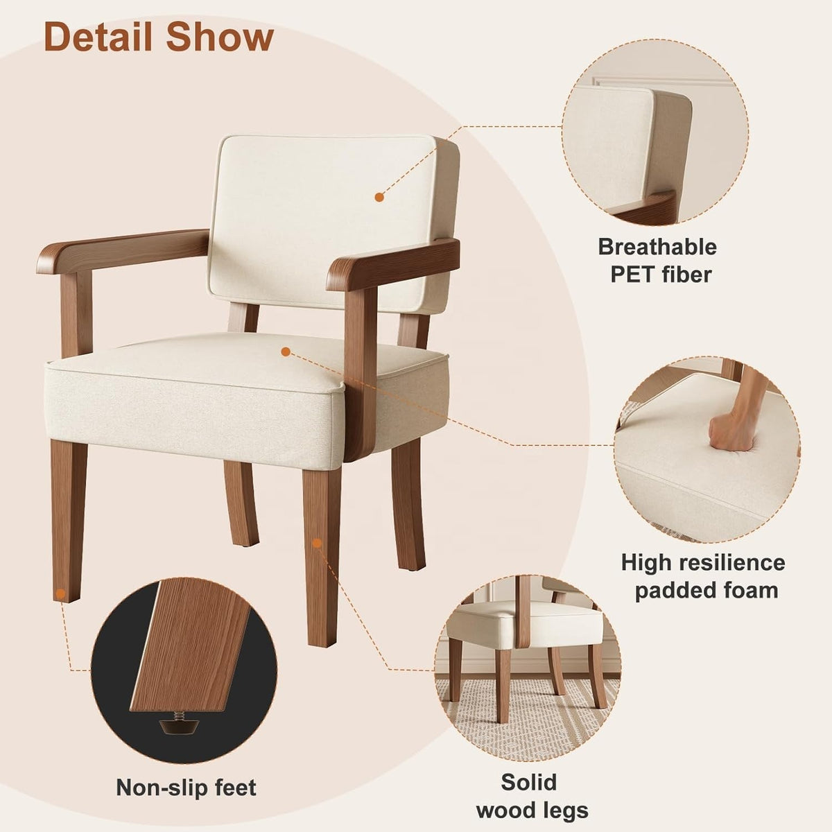 Armchair details: fabric, padded foam, solid wood legs