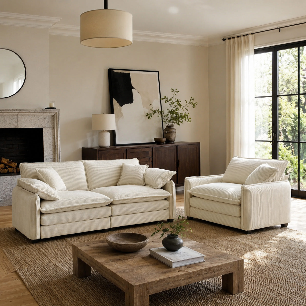 Ivory Corduroy Living Room Set – Sofa + Armchair (2-Piece) (US Stock | Ship Immediately )