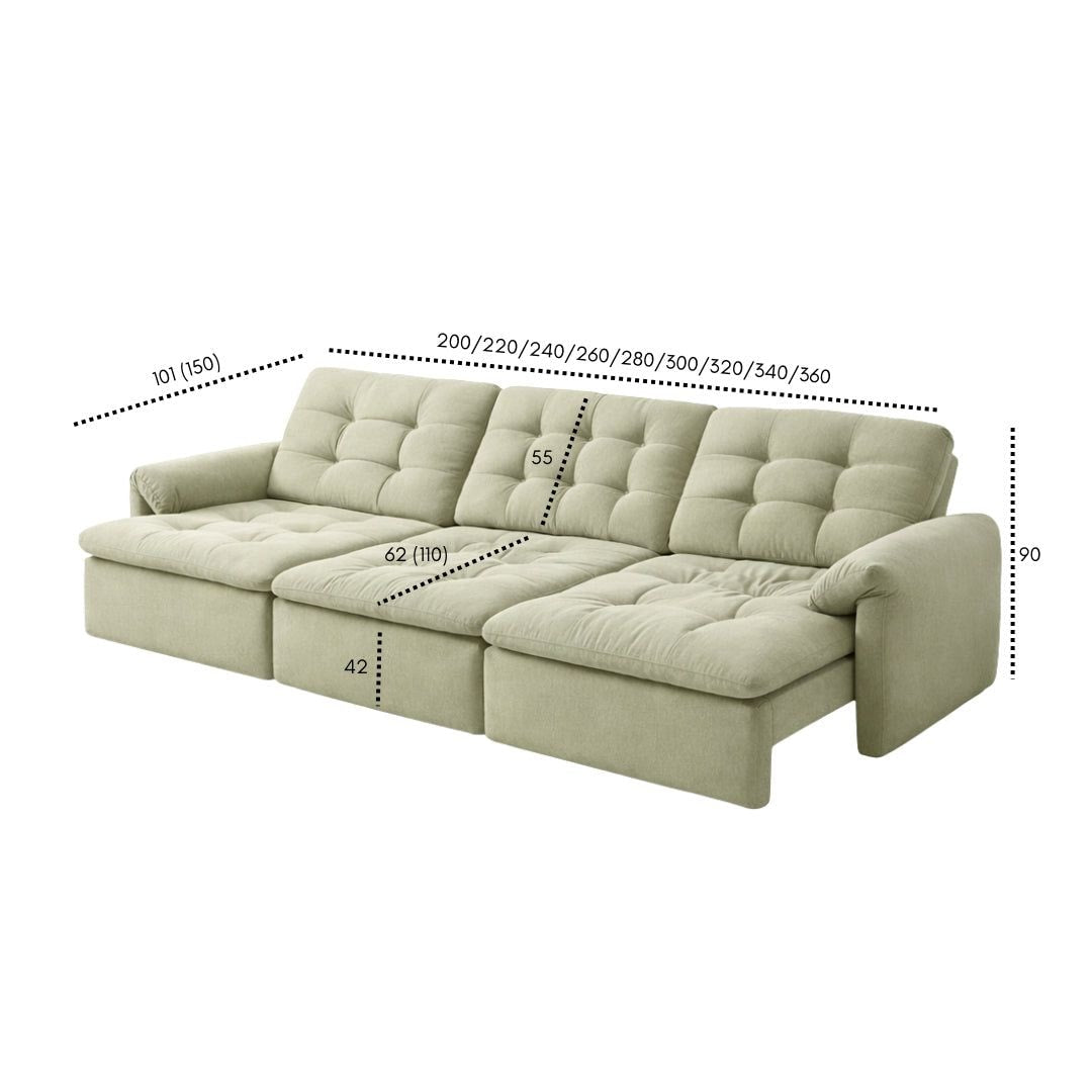 LumaNest dimension diagram — 101–150 cm depth, 62–110 cm seat depth, 42 cm seat height and 90 cm overall height
