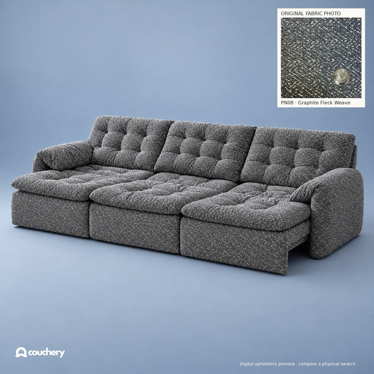 LumaNest colour preview — Graphite Fleck Weave · Premium Natural Fabric PN08 · digital upholstery preview with original fabric photograph inset