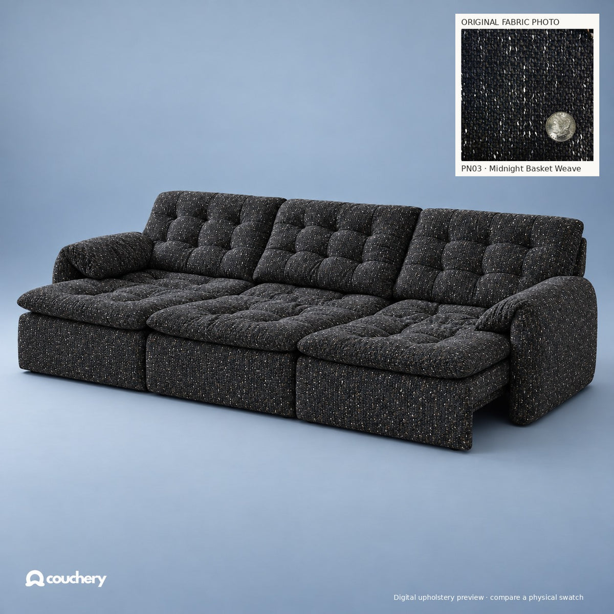 LumaNest colour preview — Midnight Basket Weave · Premium Natural Fabric PN03 · digital upholstery preview with original fabric photograph inset