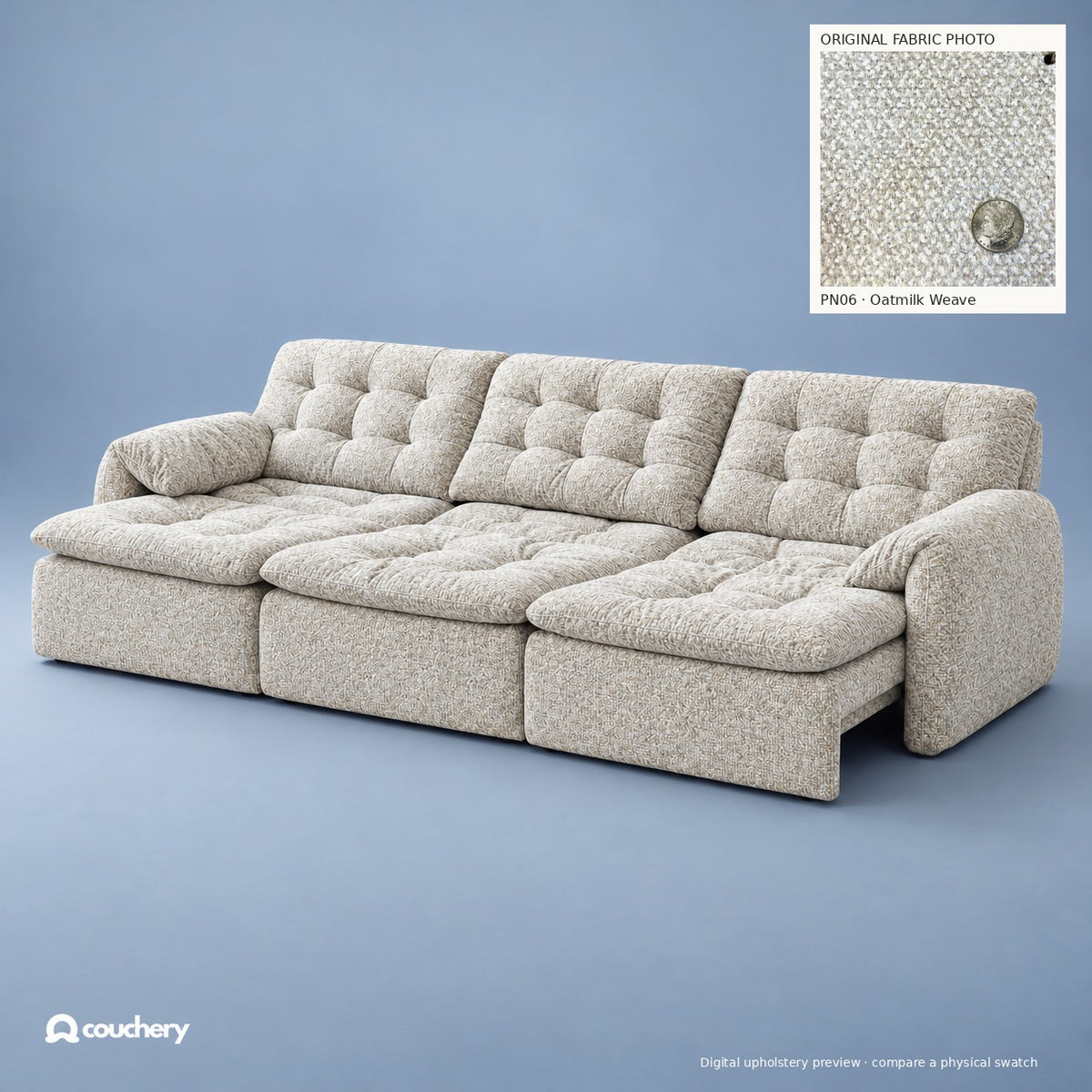 LumaNest colour preview — Oatmilk Weave · Premium Natural Fabric PN06 · digital upholstery preview with original fabric photograph inset