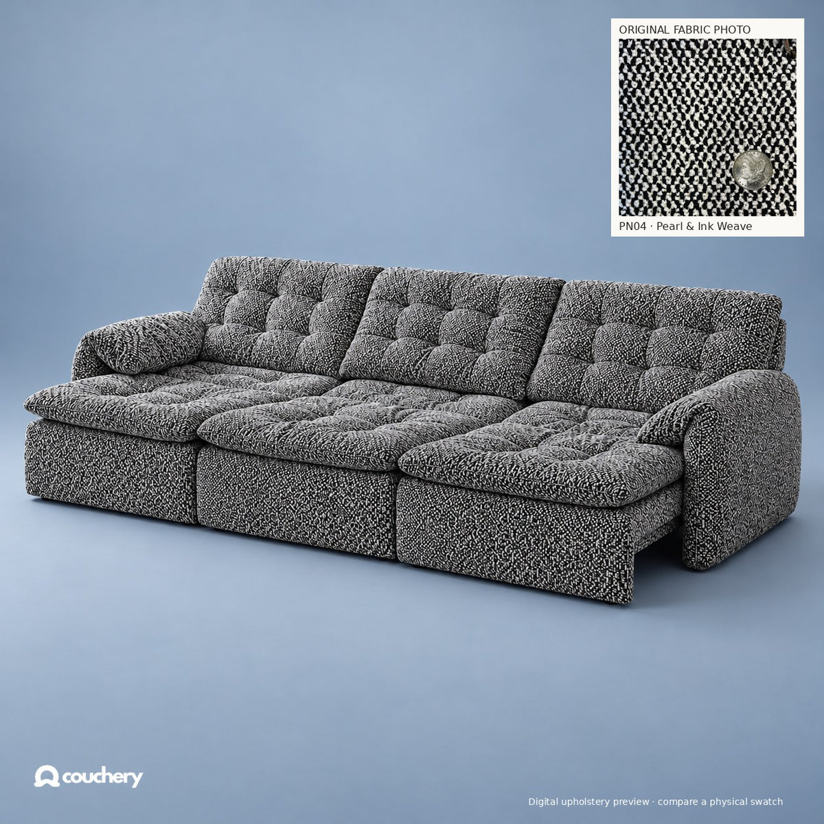 LumaNest colour preview — Pearl & Ink Weave · Premium Natural Fabric PN04 · digital upholstery preview with original fabric photograph inset