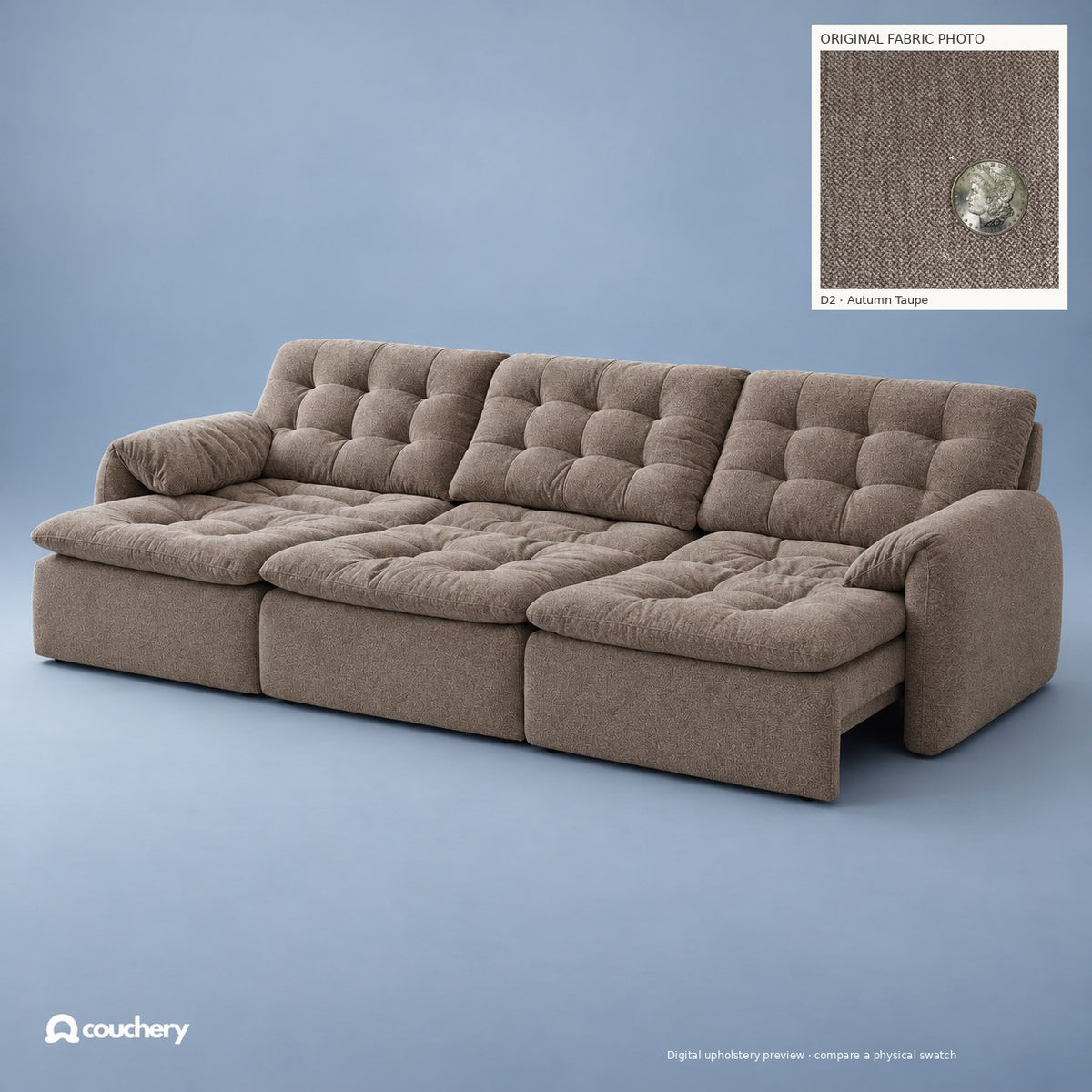 LumaNest Performance Diamond Autumn Taupe D2 — digital colour preview with original fabric photograph inset
