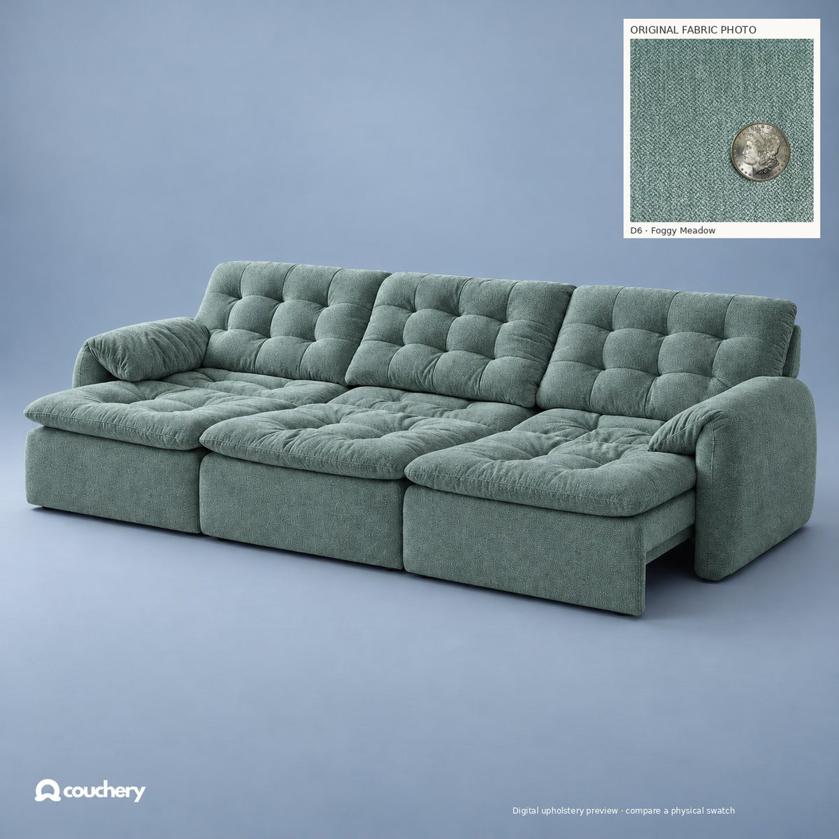LumaNest Performance Diamond Foggy Meadow D6 — digital colour preview with original fabric photograph inset