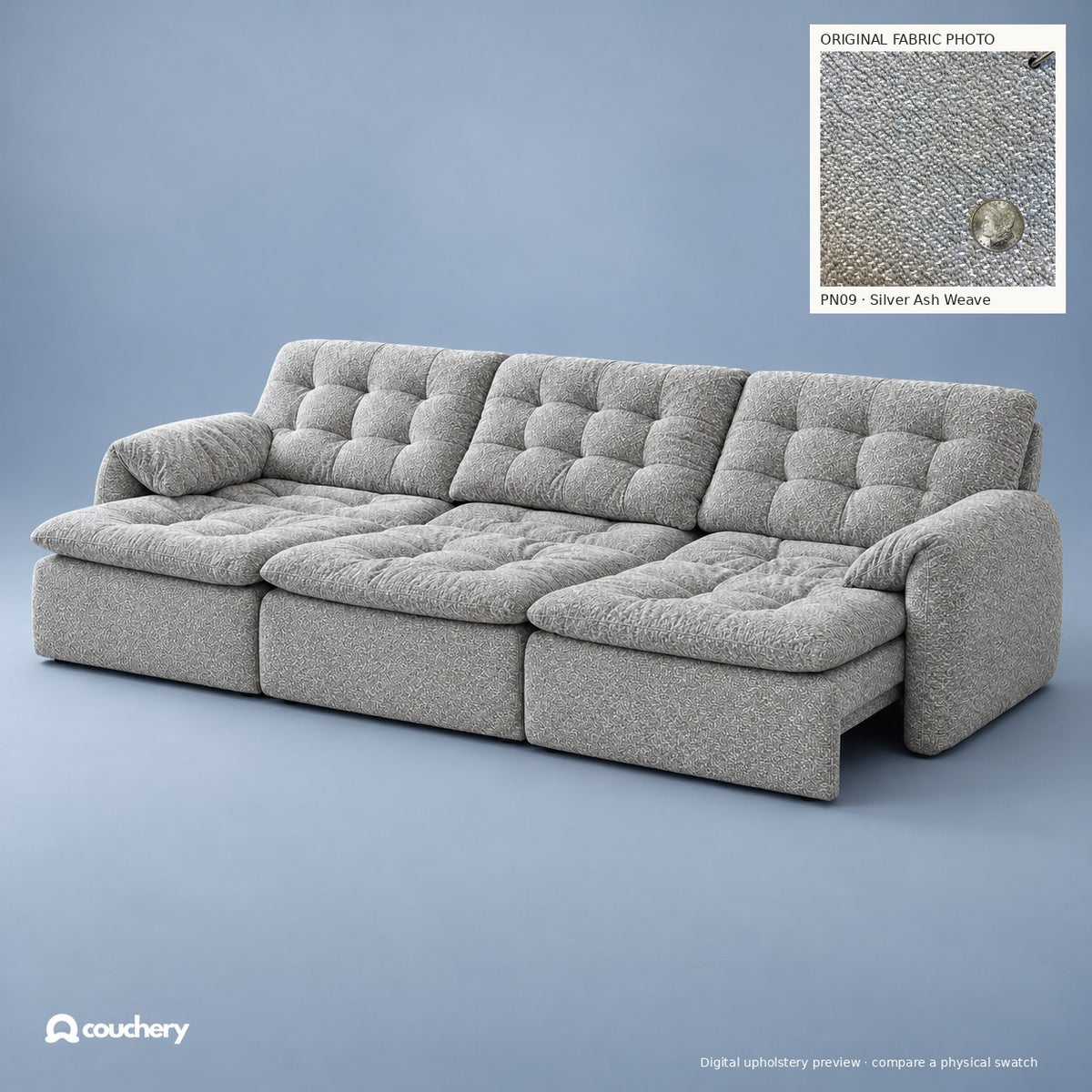 LumaNest colour preview — Silver Ash Weave · Premium Natural Fabric PN09 · digital upholstery preview with original fabric photograph inset