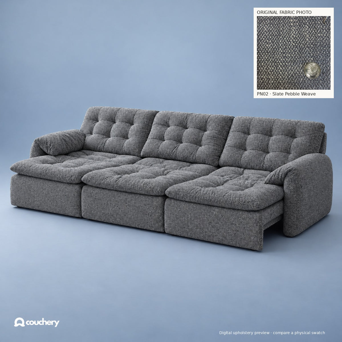 LumaNest colour preview — Slate Pebble Weave · Premium Natural Fabric PN02 · digital upholstery preview with original fabric photograph inset