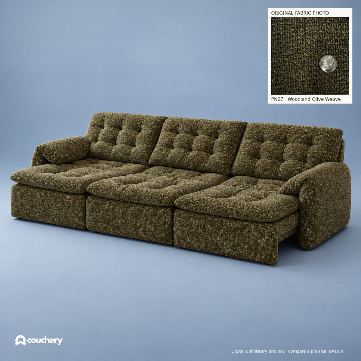 LumaNest colour preview — Woodland Olive Weave · Premium Natural Fabric PN07 · digital upholstery preview with original fabric photograph inset