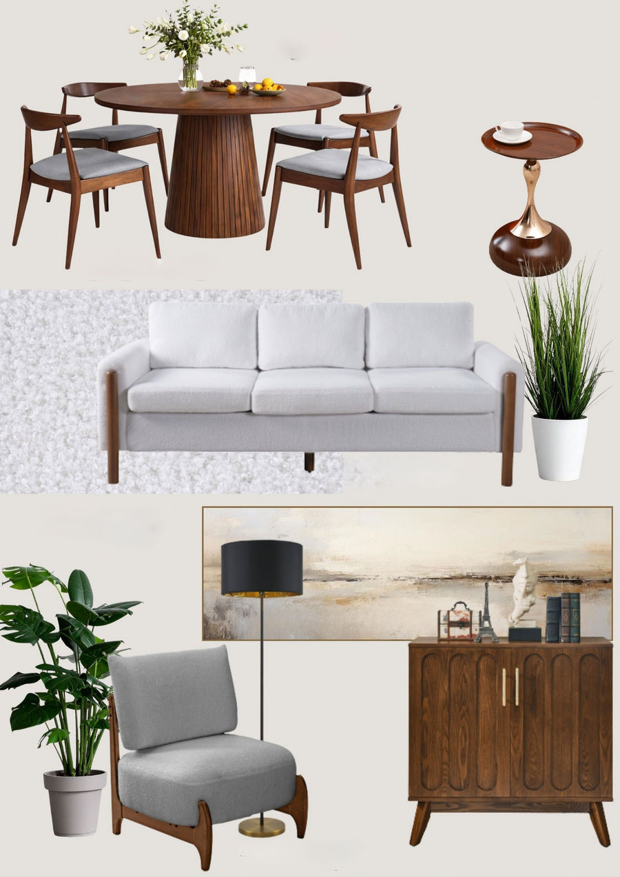 Walnut living and dining set — styled