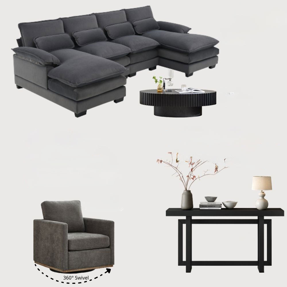 Modern U-shaped sectional living room set styled in a bright room