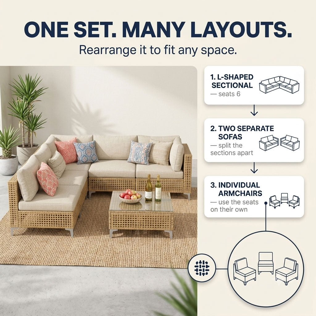 A modular outdoor sectional rearranged into different layouts