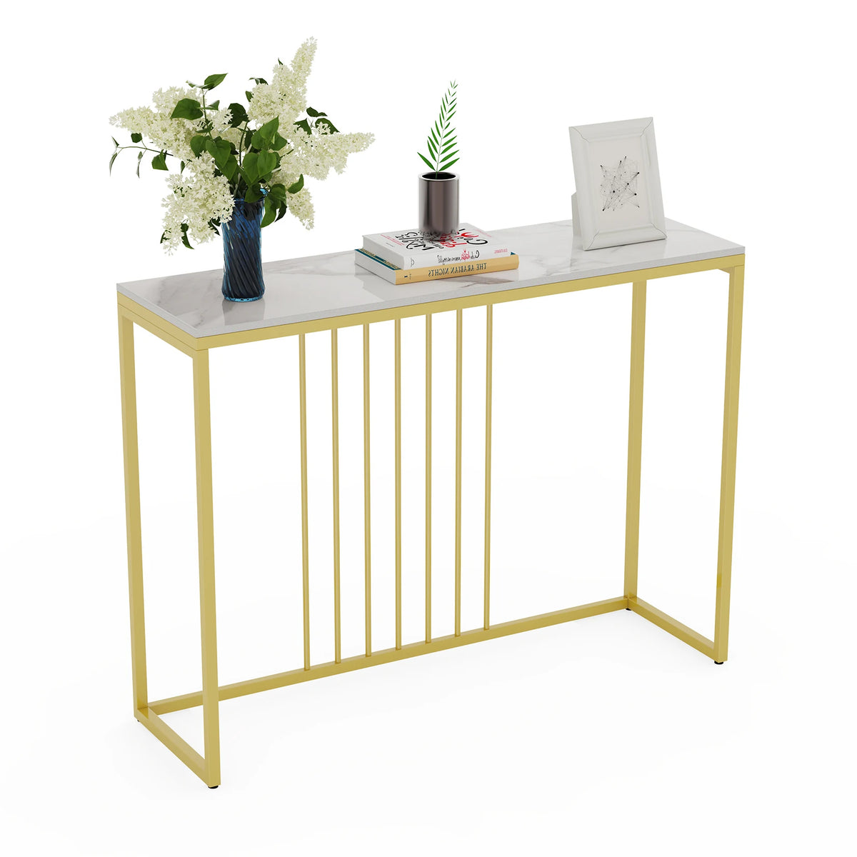 Gold console table on white background