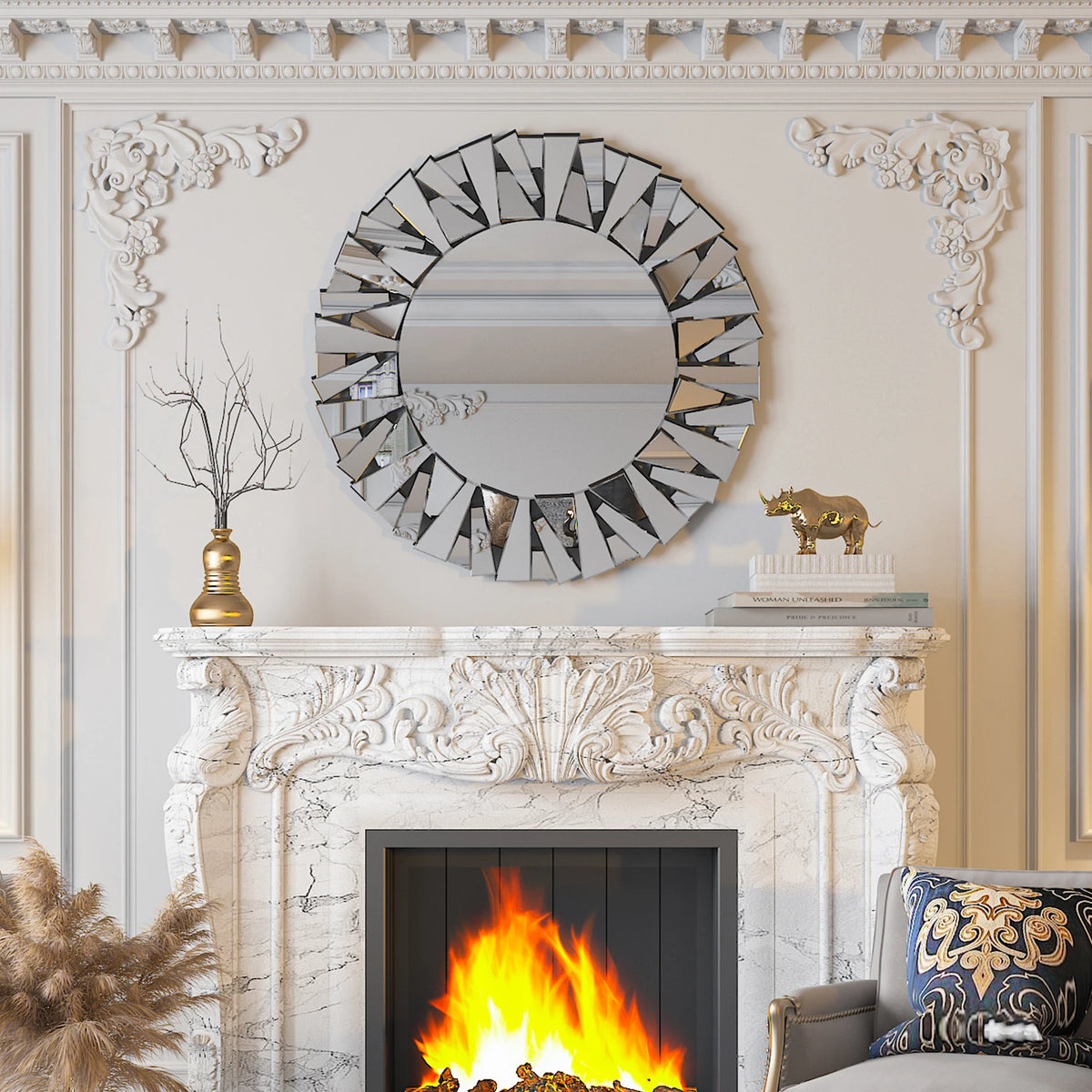 Round sunburst wall mirror 31.5 inch silver glass above a fireplace