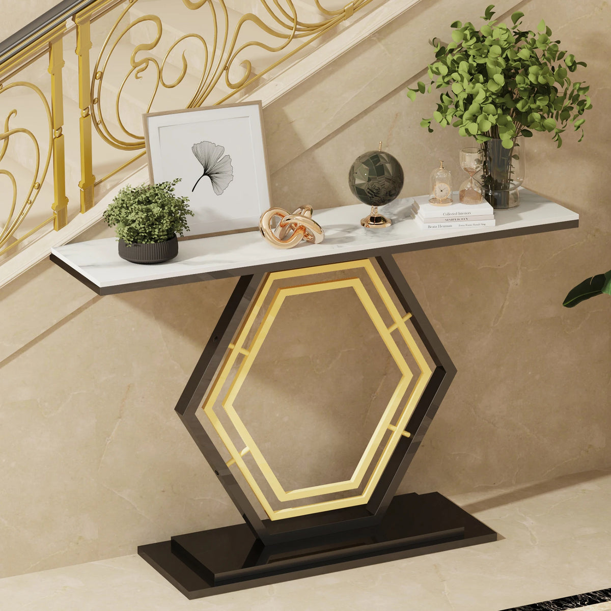 Hexagon console table styled in a staircase entryway