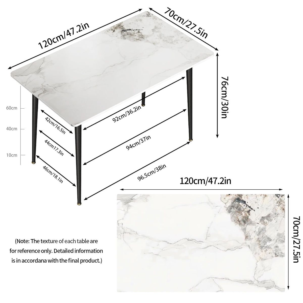 Dining table dimensions 47.2 x 27.5 x 30 inches