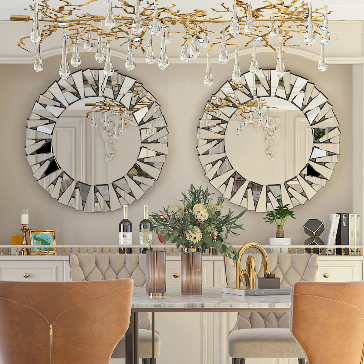 Sunburst wall mirror styled in an entryway