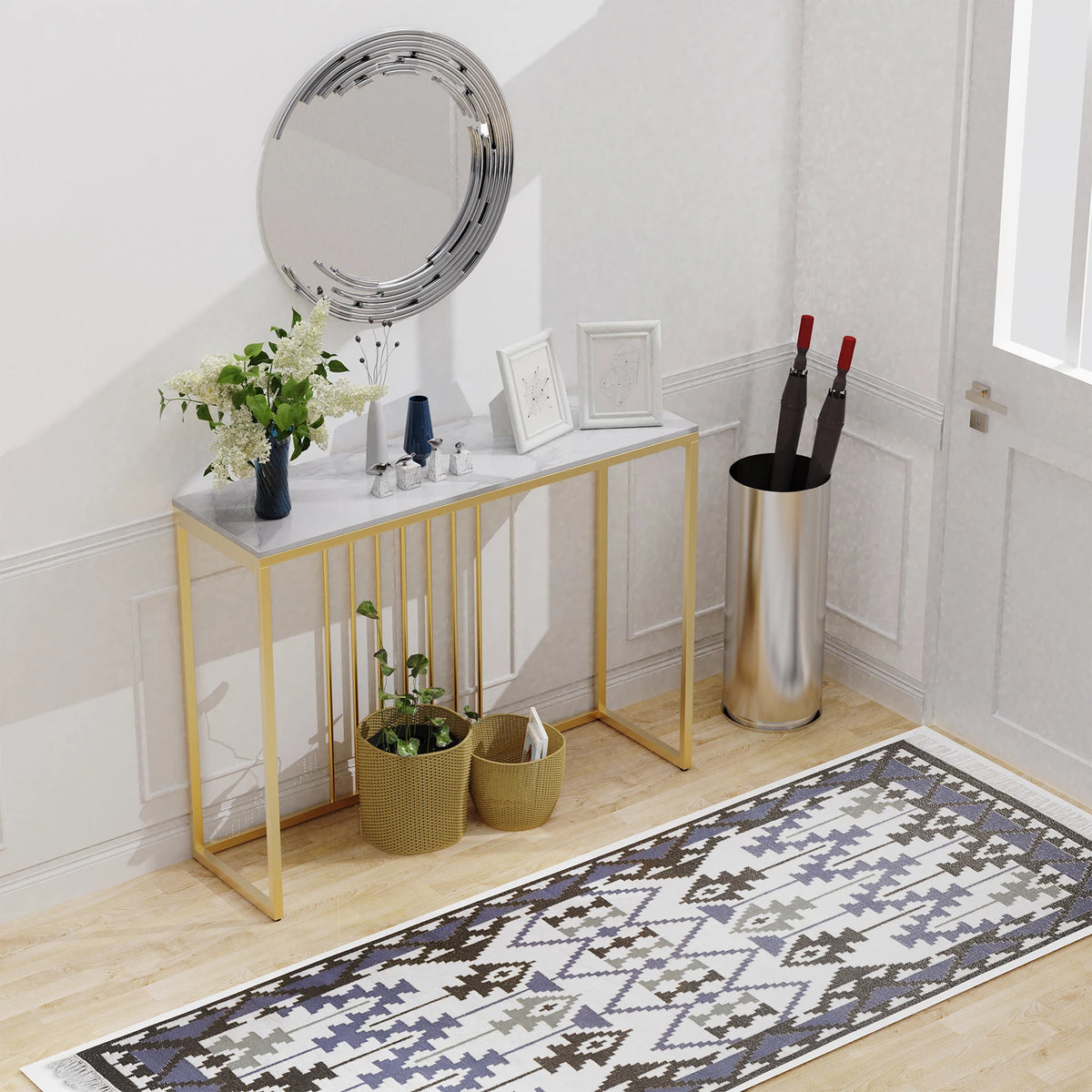 Gold console table in an entryway