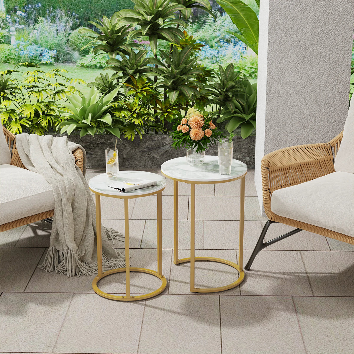 Round nesting side tables with stone tops