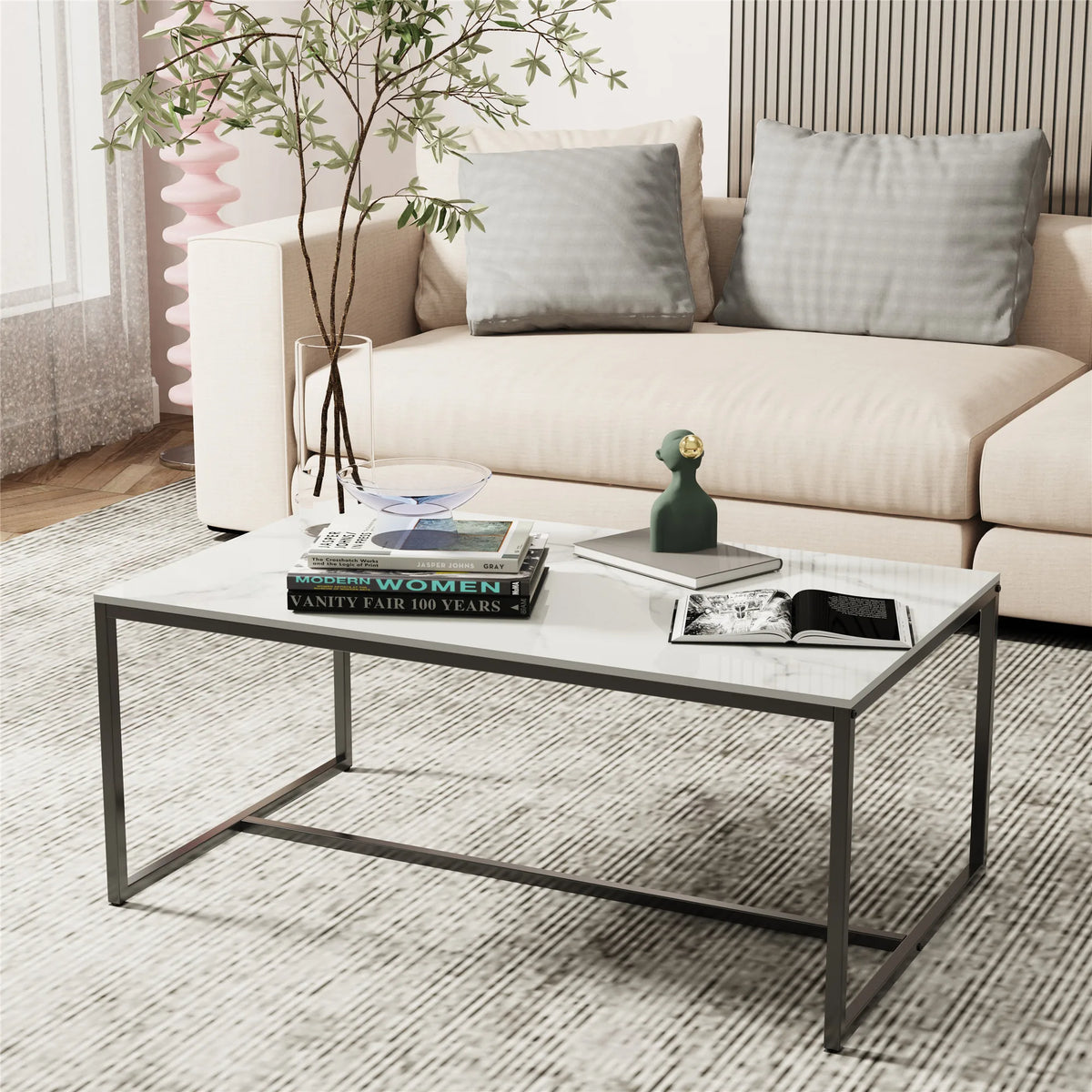 Sintered stone coffee table with white marble-look top and black frame