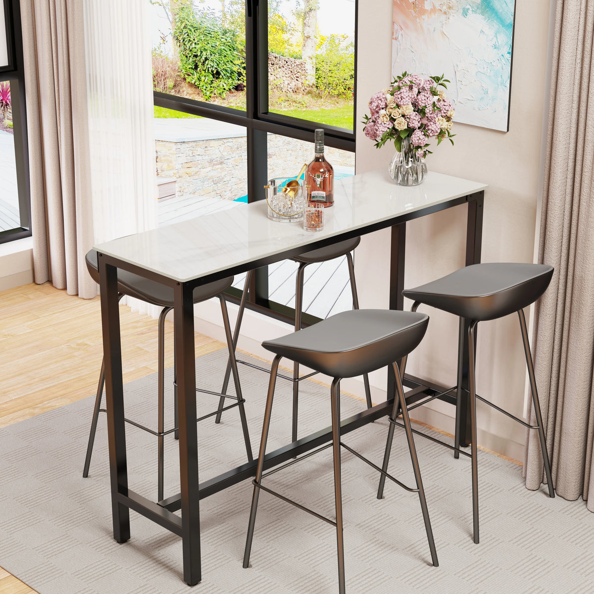 Narrow white sintered stone bar table with black metal frame