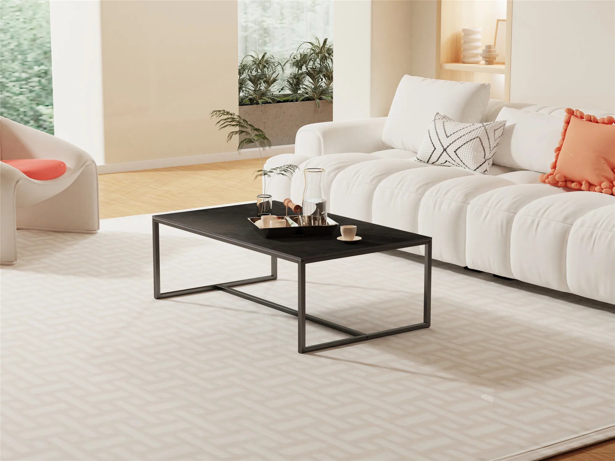 Sintered stone coffee table with black top in a living room