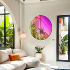 Tinted round mirror in a bright living room